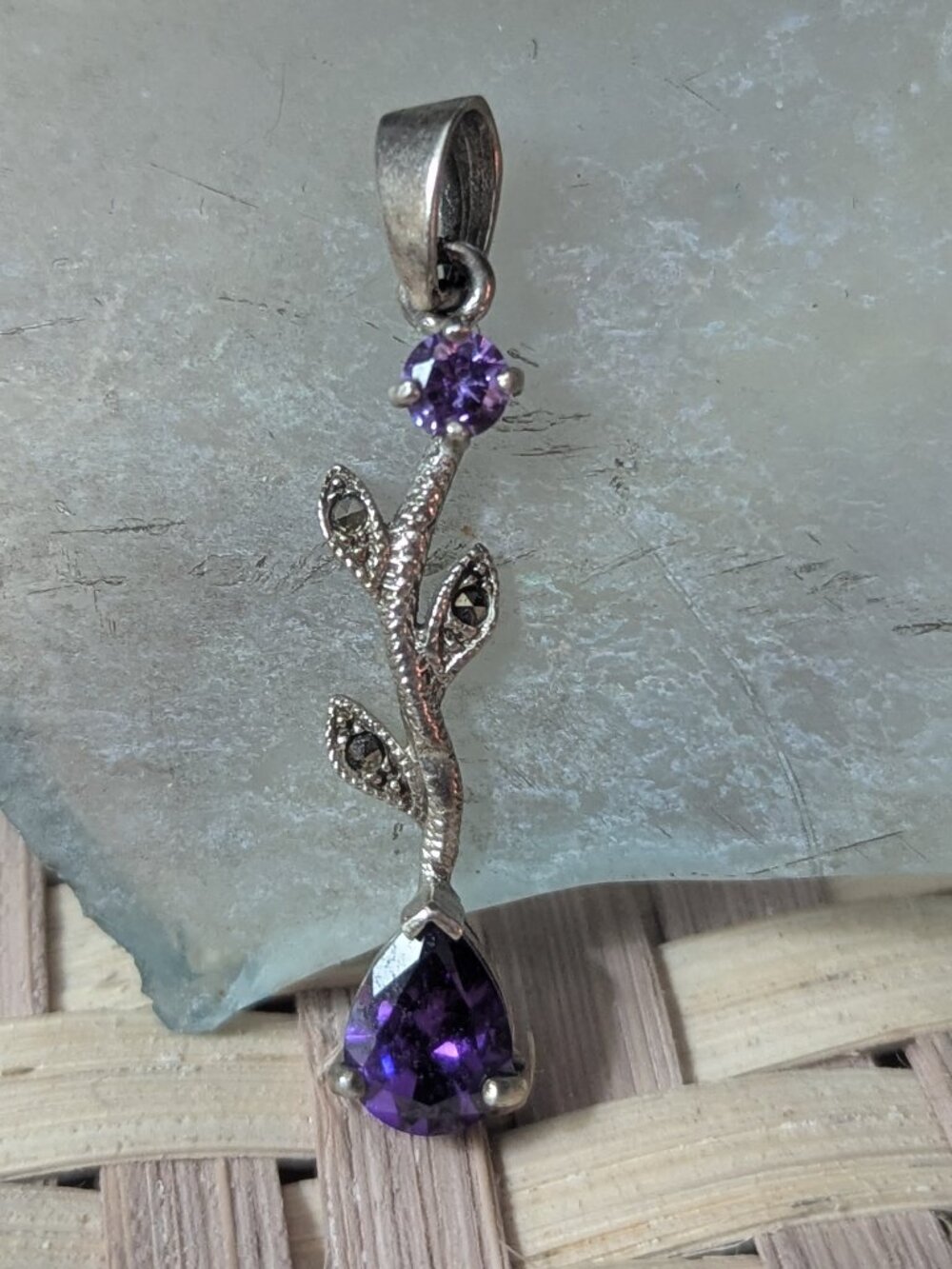 Vintage Sterling Silver Branch pendant with Marcasite & Amethyst Stone